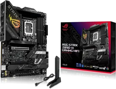 Capa ASUS ROG Strix Z890-H Tomada de placa mãe WiFi para jogos Intel LGA 1851 (ATX, DDR5, 1x PCIe 5.0 x 16 SafeSlot, 4X M.2, 3X PCIe 4.0, WiFi 7, Aura Sync)