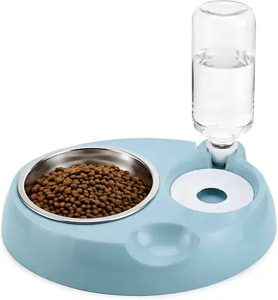 Capa Comedouro 2 em 1 com Bebedouro Automático para Cães e Gatos, Tigela em Aço Inox com Reservatório de Água 500ml, Alimentador para Pets, Fácil de Limpar, Resistente e Higiênico (AZUL-CLARO)
