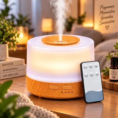 Capa Difusor de Aromas e Umidificador de Ar Ultrassônico, Bivolt, 700ml com LED Colorido, Controle Remoto e Abajur, Aromatizador para Óleos Essenciais, Ilumina e Decora Premium