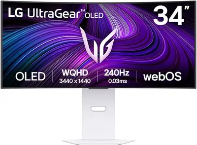 Capa Monitor LG UltraGear Smart OLED Curvo 34”, QHD 2K, 240Hz, 0,03ms (GtG), DCI-P3, HDR400, NVIDIA G-SYNC, AMD FreeSync Premium, Branco - 34GX90SA
